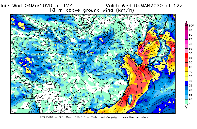 Mappa di analisi GFS - Velocità del vento a 10 metri dal suolo [km/h] in Asia Orientale
							del 04/03/2020 12 <!--googleoff: index-->UTC<!--googleon: index-->