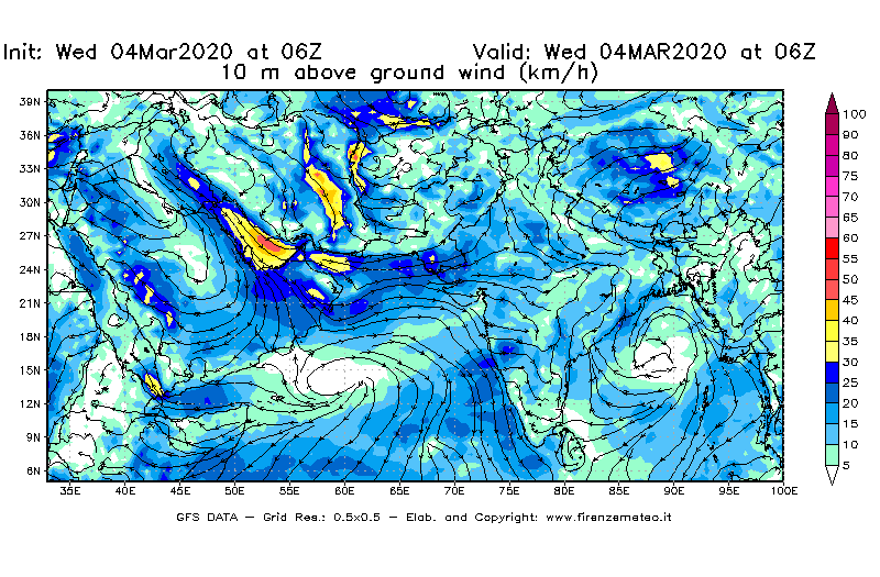 Mappa di analisi GFS - Velocità del vento a 10 metri dal suolo [km/h] in Asia Sud-Occidentale
							del 04/03/2020 06 <!--googleoff: index-->UTC<!--googleon: index-->