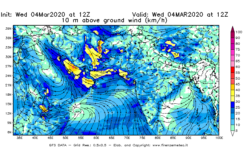 Mappa di analisi GFS - Velocità del vento a 10 metri dal suolo [km/h] in Asia Sud-Occidentale
							del 04/03/2020 12 <!--googleoff: index-->UTC<!--googleon: index-->