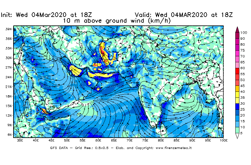 Mappa di analisi GFS - Velocità del vento a 10 metri dal suolo [km/h] in Asia Sud-Occidentale
							del 04/03/2020 18 <!--googleoff: index-->UTC<!--googleon: index-->