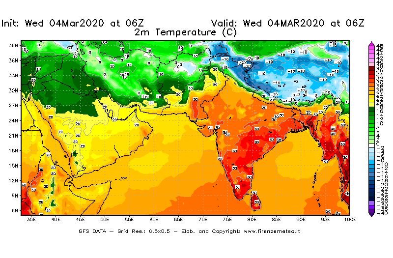 Mappa di analisi GFS - Temperatura a 2 metri dal suolo [°C] in Asia Sud-Occidentale
							del 04/03/2020 06 <!--googleoff: index-->UTC<!--googleon: index-->