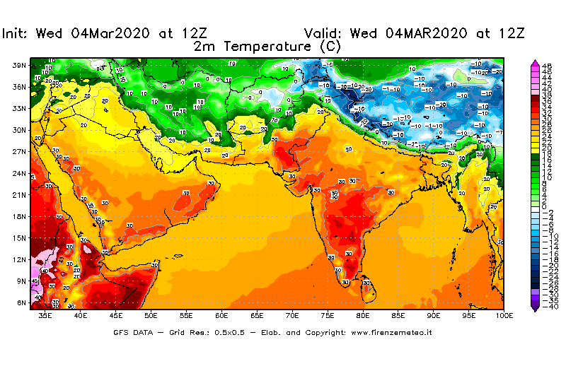 Mappa di analisi GFS - Temperatura a 2 metri dal suolo [°C] in Asia Sud-Occidentale
							del 04/03/2020 12 <!--googleoff: index-->UTC<!--googleon: index-->