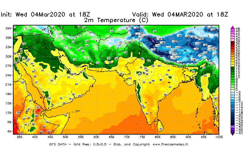 Mappa di analisi GFS - Temperatura a 2 metri dal suolo [°C] in Asia Sud-Occidentale
							del 04/03/2020 18 <!--googleoff: index-->UTC<!--googleon: index-->