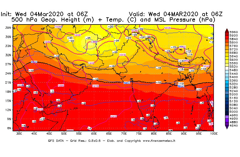 Mappa di analisi GFS - Geopotenziale [m] + Temp. [°C] a 500 hPa + Press. a livello del mare [hPa] in Asia Sud-Occidentale
							del 04/03/2020 06 <!--googleoff: index-->UTC<!--googleon: index-->
