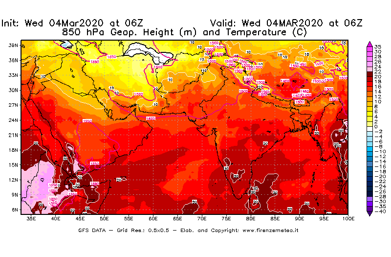 Mappa di analisi GFS - Geopotenziale [m] e Temperatura [°C] a 850 hPa in Asia Sud-Occidentale
							del 04/03/2020 06 <!--googleoff: index-->UTC<!--googleon: index-->
