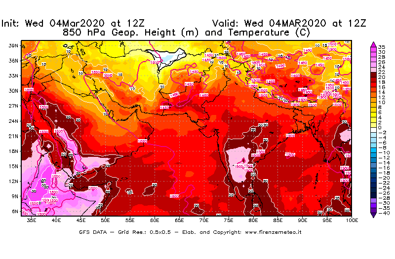 Mappa di analisi GFS - Geopotenziale [m] e Temperatura [°C] a 850 hPa in Asia Sud-Occidentale
							del 04/03/2020 12 <!--googleoff: index-->UTC<!--googleon: index-->