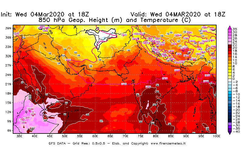 Mappa di analisi GFS - Geopotenziale [m] e Temperatura [°C] a 850 hPa in Asia Sud-Occidentale
							del 04/03/2020 18 <!--googleoff: index-->UTC<!--googleon: index-->