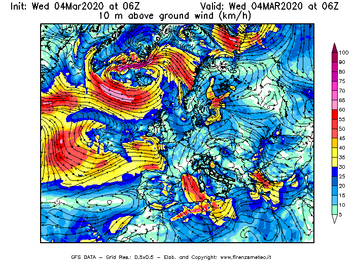 Mappa di analisi GFS - Velocità del vento a 10 metri dal suolo [km/h] in Europa
							del 04/03/2020 06 <!--googleoff: index-->UTC<!--googleon: index-->