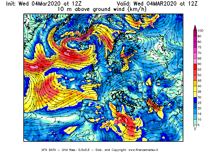 Mappa di analisi GFS - Velocità del vento a 10 metri dal suolo [km/h] in Europa
							del 04/03/2020 12 <!--googleoff: index-->UTC<!--googleon: index-->