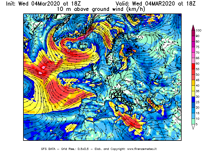 Mappa di analisi GFS - Velocità del vento a 10 metri dal suolo [km/h] in Europa
							del 04/03/2020 18 <!--googleoff: index-->UTC<!--googleon: index-->