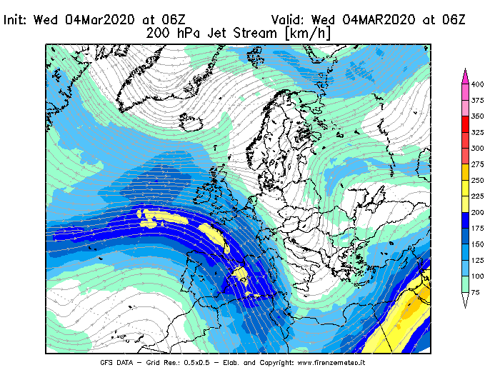 Mappa di analisi GFS - Jet Stream a 200 hPa in Europa
							del 04/03/2020 06 <!--googleoff: index-->UTC<!--googleon: index-->