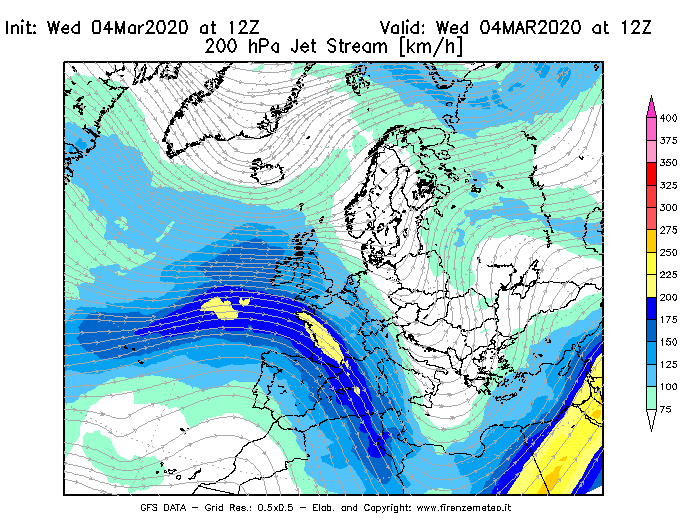 Mappa di analisi GFS - Jet Stream a 200 hPa in Europa
							del 04/03/2020 12 <!--googleoff: index-->UTC<!--googleon: index-->