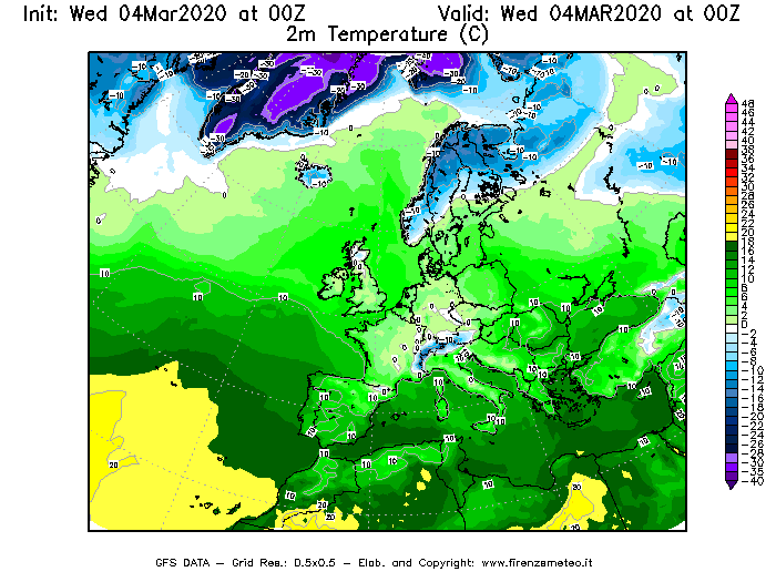 Mappa di analisi GFS - Temperatura a 2 metri dal suolo [°C] in Europa
							del 04/03/2020 00 <!--googleoff: index-->UTC<!--googleon: index-->