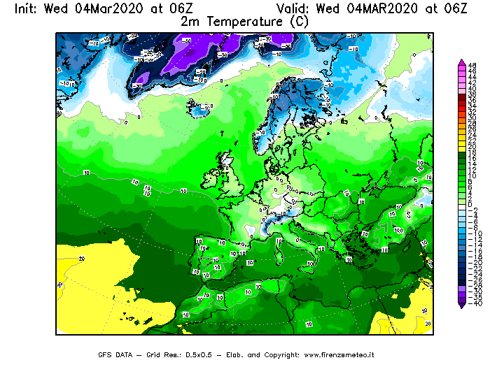 Mappa di analisi GFS - Temperatura a 2 metri dal suolo [°C] in Europa
							del 04/03/2020 06 <!--googleoff: index-->UTC<!--googleon: index-->