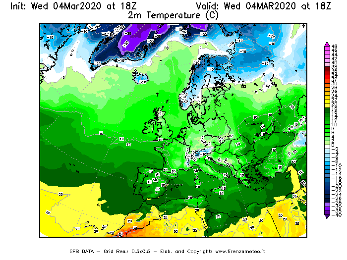 Mappa di analisi GFS - Temperatura a 2 metri dal suolo [°C] in Europa
							del 04/03/2020 18 <!--googleoff: index-->UTC<!--googleon: index-->