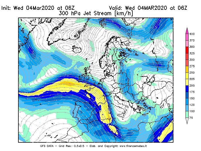 Mappa di analisi GFS - Jet Stream a 300 hPa in Europa
							del 04/03/2020 06 <!--googleoff: index-->UTC<!--googleon: index-->