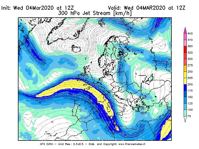 Mappa di analisi GFS - Jet Stream a 300 hPa in Europa
							del 04/03/2020 12 <!--googleoff: index-->UTC<!--googleon: index-->