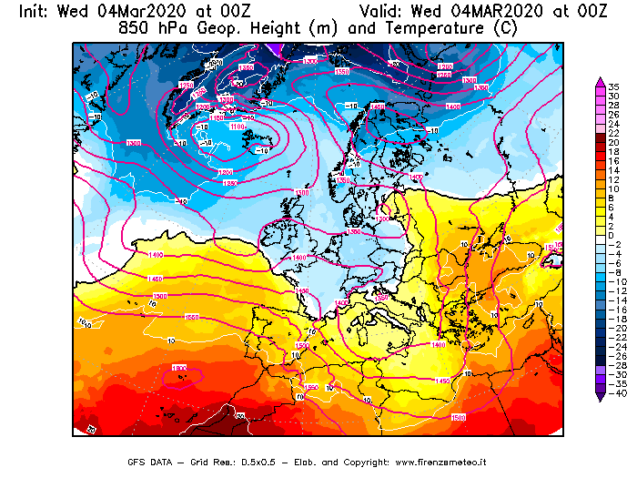 Mappa di analisi GFS - Geopotenziale [m] e Temperatura [°C] a 850 hPa in Europa
							del 04/03/2020 00 <!--googleoff: index-->UTC<!--googleon: index-->