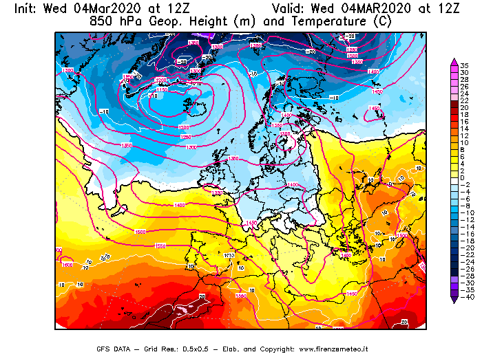 Mappa di analisi GFS - Geopotenziale [m] e Temperatura [°C] a 850 hPa in Europa
							del 04/03/2020 12 <!--googleoff: index-->UTC<!--googleon: index-->