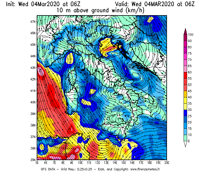 Mappa di analisi GFS - Velocità del vento a 10 metri dal suolo [km/h] in Italia
							del 04/03/2020 06 <!--googleoff: index-->UTC<!--googleon: index-->