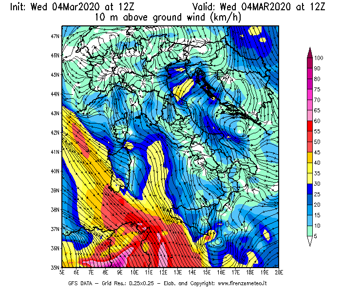 Mappa di analisi GFS - Velocità del vento a 10 metri dal suolo [km/h] in Italia
							del 04/03/2020 12 <!--googleoff: index-->UTC<!--googleon: index-->