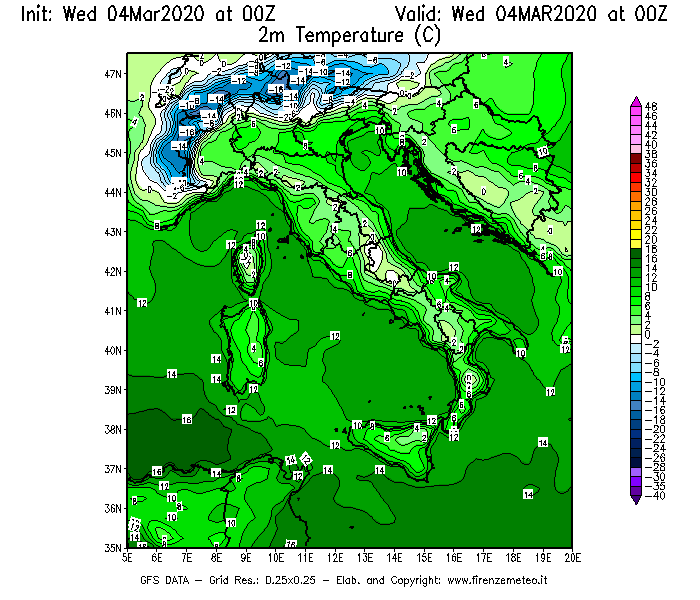 Mappa di analisi GFS - Temperatura a 2 metri dal suolo [°C] in Italia
							del 04/03/2020 00 <!--googleoff: index-->UTC<!--googleon: index-->