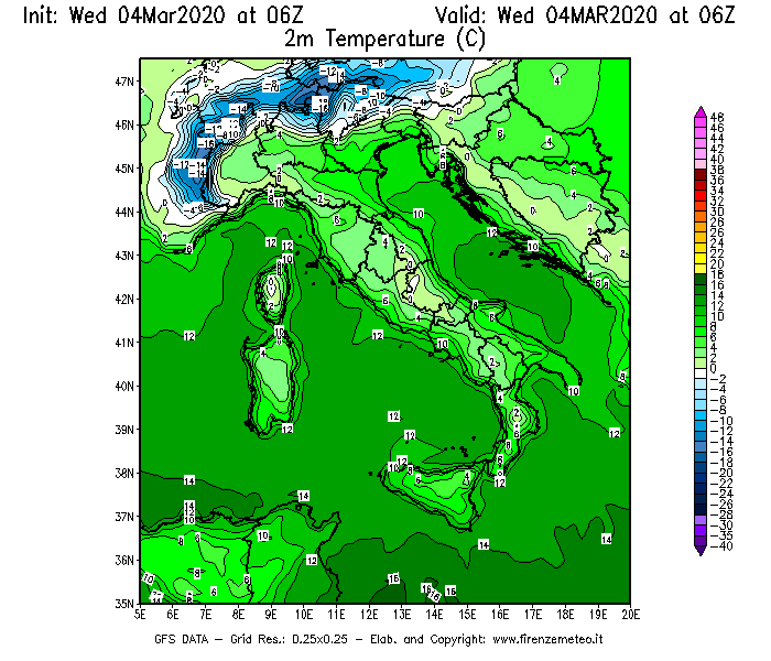 Mappa di analisi GFS - Temperatura a 2 metri dal suolo [°C] in Italia
							del 04/03/2020 06 <!--googleoff: index-->UTC<!--googleon: index-->