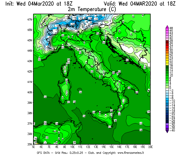 Mappa di analisi GFS - Temperatura a 2 metri dal suolo [°C] in Italia
							del 04/03/2020 18 <!--googleoff: index-->UTC<!--googleon: index-->