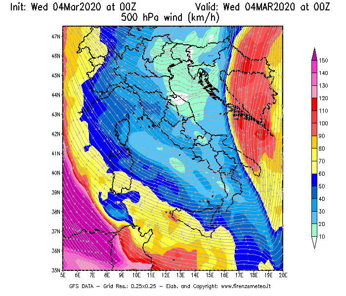 Mappa di analisi GFS - Velocità del vento a 500 hPa [km/h] in Italia
							del 04/03/2020 00 <!--googleoff: index-->UTC<!--googleon: index-->
