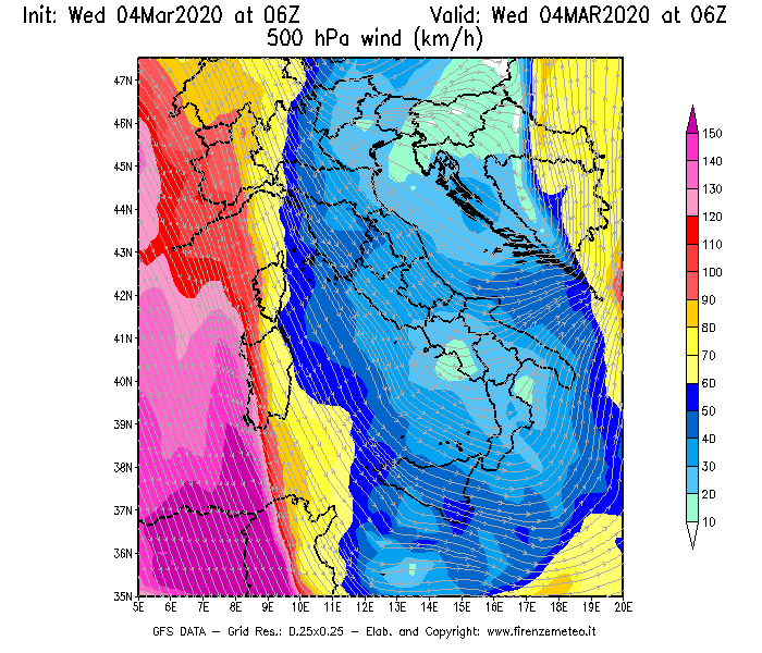 Mappa di analisi GFS - Velocità del vento a 500 hPa [km/h] in Italia
							del 04/03/2020 06 <!--googleoff: index-->UTC<!--googleon: index-->
