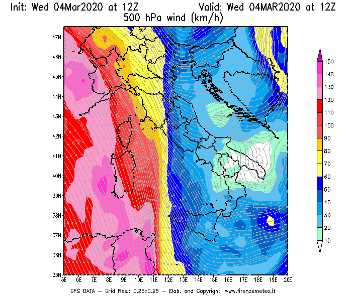 Mappa di analisi GFS - Velocità del vento a 500 hPa [km/h] in Italia
							del 04/03/2020 12 <!--googleoff: index-->UTC<!--googleon: index-->