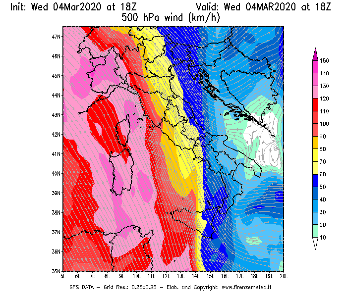 Mappa di analisi GFS - Velocità del vento a 500 hPa [km/h] in Italia
							del 04/03/2020 18 <!--googleoff: index-->UTC<!--googleon: index-->