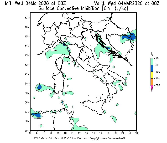 Mappa di analisi GFS - CIN [J/kg] in Italia
							del 04/03/2020 00 <!--googleoff: index-->UTC<!--googleon: index-->