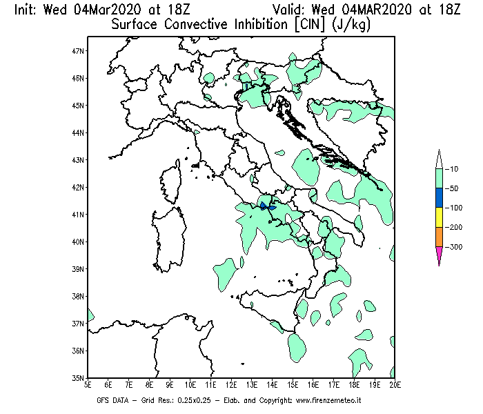 Mappa di analisi GFS - CIN [J/kg] in Italia
							del 04/03/2020 18 <!--googleoff: index-->UTC<!--googleon: index-->