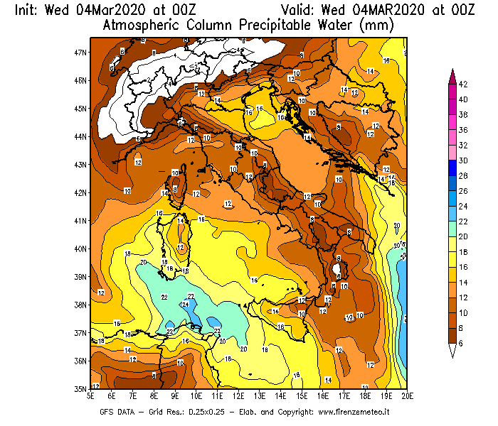 Mappa di analisi GFS - Precipitable Water [mm] in Italia
							del 04/03/2020 00 <!--googleoff: index-->UTC<!--googleon: index-->