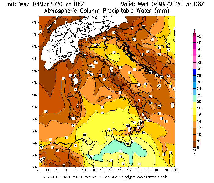 Mappa di analisi GFS - Precipitable Water [mm] in Italia
							del 04/03/2020 06 <!--googleoff: index-->UTC<!--googleon: index-->