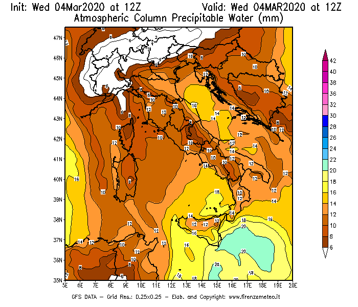 Mappa di analisi GFS - Precipitable Water [mm] in Italia
							del 04/03/2020 12 <!--googleoff: index-->UTC<!--googleon: index-->