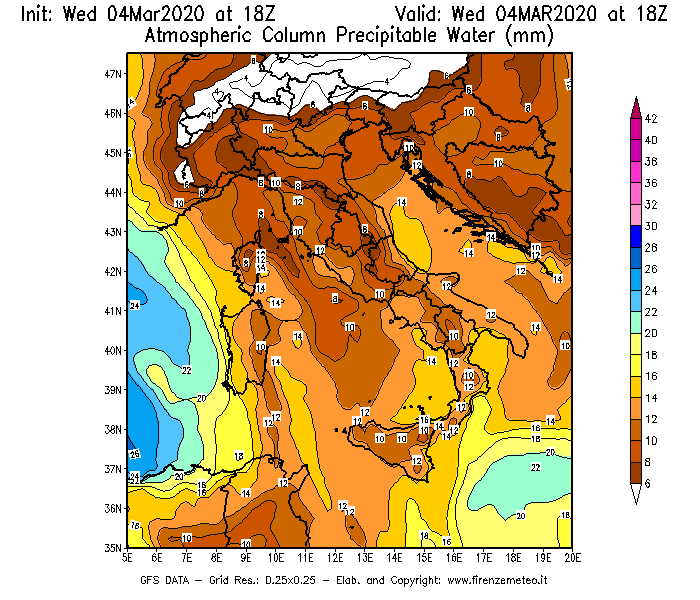 Mappa di analisi GFS - Precipitable Water [mm] in Italia
							del 04/03/2020 18 <!--googleoff: index-->UTC<!--googleon: index-->