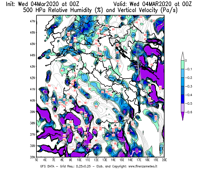 Mappa di analisi GFS - Umidità relativa [%] e Omega [Pa/s] a 500 hPa in Italia
							del 04/03/2020 00 <!--googleoff: index-->UTC<!--googleon: index-->