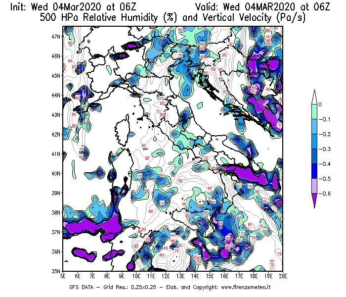 Mappa di analisi GFS - Umidità relativa [%] e Omega [Pa/s] a 500 hPa in Italia
							del 04/03/2020 06 <!--googleoff: index-->UTC<!--googleon: index-->
