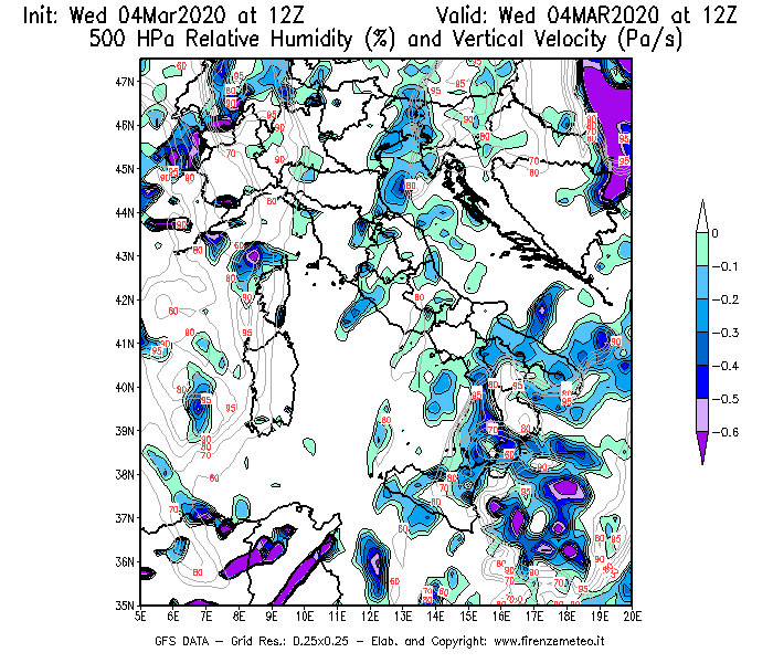 Mappa di analisi GFS - Umidità relativa [%] e Omega [Pa/s] a 500 hPa in Italia
							del 04/03/2020 12 <!--googleoff: index-->UTC<!--googleon: index-->