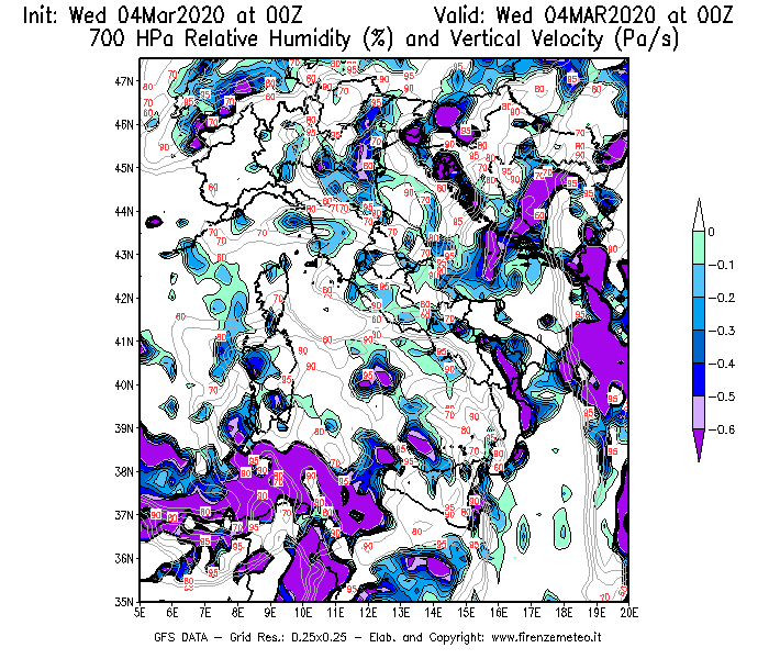 Mappa di analisi GFS - Umidità relativa [%] e Omega [Pa/s] a 700 hPa in Italia
							del 04/03/2020 00 <!--googleoff: index-->UTC<!--googleon: index-->
