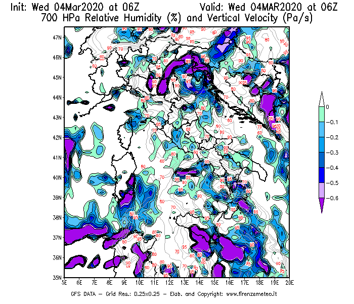 Mappa di analisi GFS - Umidità relativa [%] e Omega [Pa/s] a 700 hPa in Italia
							del 04/03/2020 06 <!--googleoff: index-->UTC<!--googleon: index-->