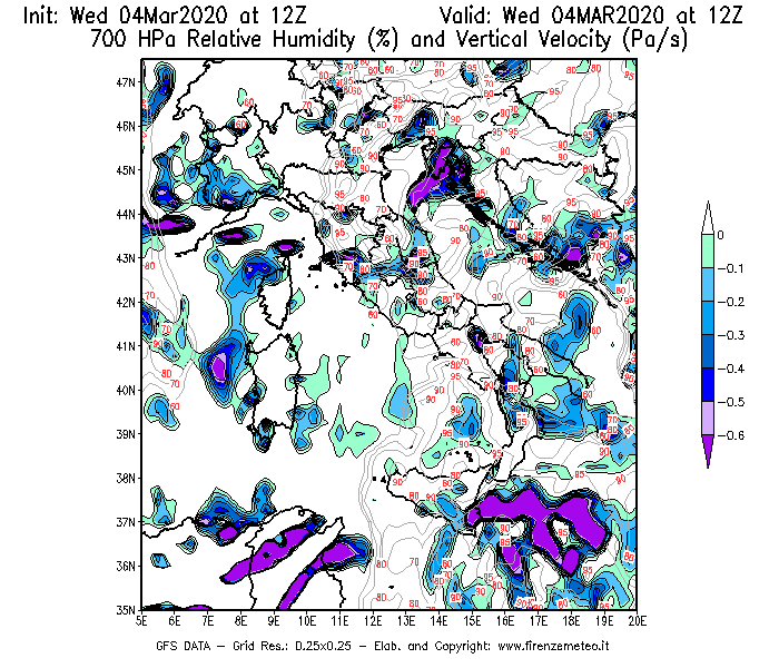 Mappa di analisi GFS - Umidità relativa [%] e Omega [Pa/s] a 700 hPa in Italia
							del 04/03/2020 12 <!--googleoff: index-->UTC<!--googleon: index-->