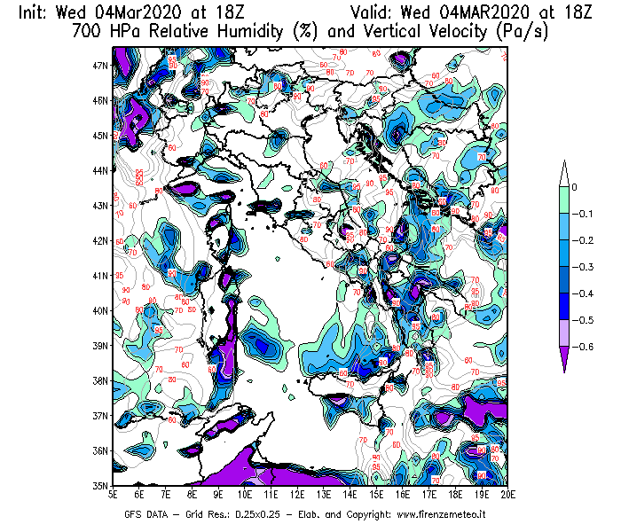 Mappa di analisi GFS - Umidità relativa [%] e Omega [Pa/s] a 700 hPa in Italia
							del 04/03/2020 18 <!--googleoff: index-->UTC<!--googleon: index-->