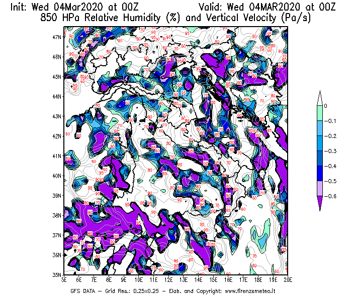 Mappa di analisi GFS - Umidità relativa [%] e Omega [Pa/s] a 850 hPa in Italia
							del 04/03/2020 00 <!--googleoff: index-->UTC<!--googleon: index-->