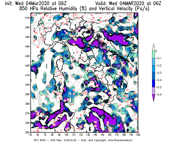 Mappa di analisi GFS - Umidità relativa [%] e Omega [Pa/s] a 850 hPa in Italia
							del 04/03/2020 06 <!--googleoff: index-->UTC<!--googleon: index-->