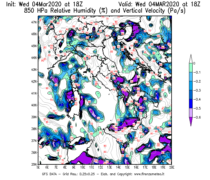 Mappa di analisi GFS - Umidità relativa [%] e Omega [Pa/s] a 850 hPa in Italia
							del 04/03/2020 18 <!--googleoff: index-->UTC<!--googleon: index-->