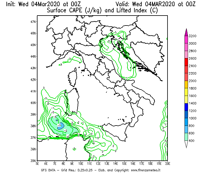 Mappa di analisi GFS - CAPE [J/kg] e Lifted Index [°C] in Italia
							del 04/03/2020 00 <!--googleoff: index-->UTC<!--googleon: index-->