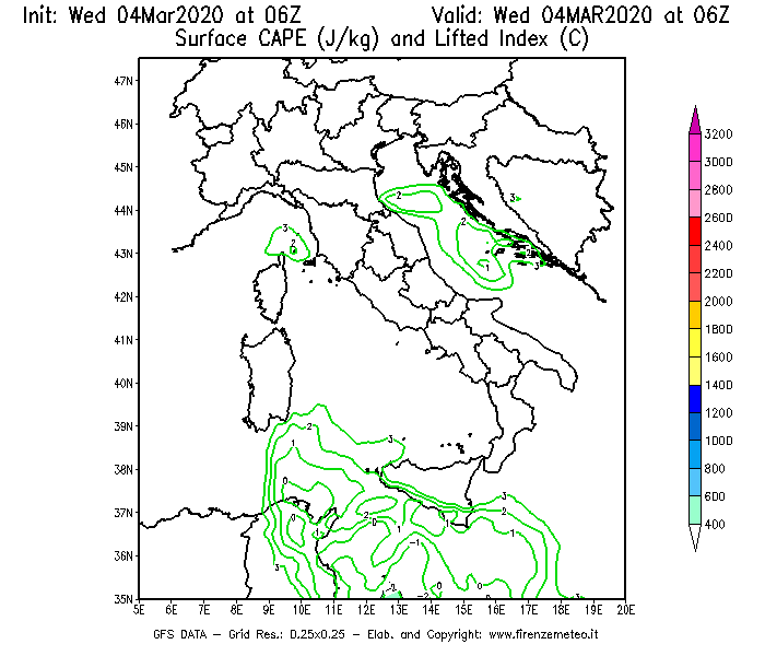 Mappa di analisi GFS - CAPE [J/kg] e Lifted Index [°C] in Italia
							del 04/03/2020 06 <!--googleoff: index-->UTC<!--googleon: index-->